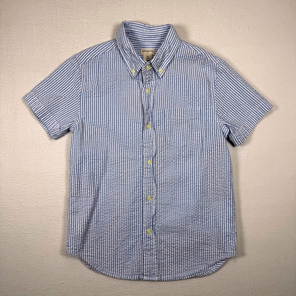 Crewcuts J.Crew Boy Blue White Seersucker Stripe Short Sleeve Button Down Sz 10